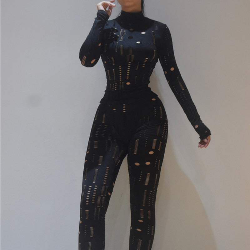 CHYLEANNA  2 Pc/Set Hollow-Out Turtleneck Bodycon Jumpsuit