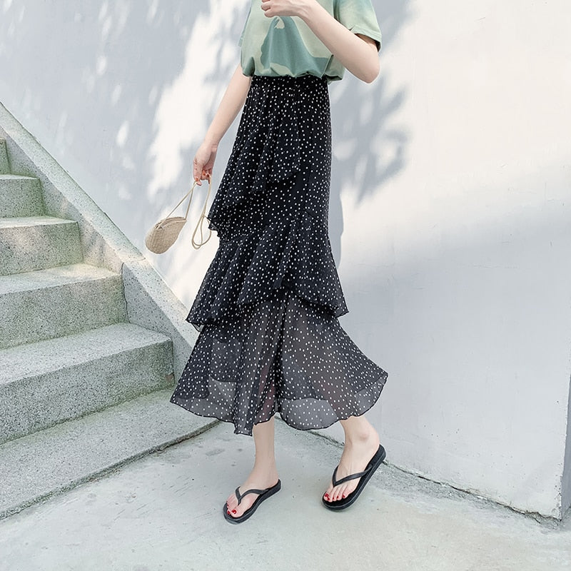 CHYLEANNA  Loose Chiffon Ruffles Pleated Skirt