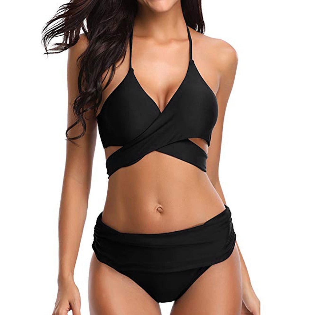 CHYLEANNA  Retro Halter Ruched Bikini Set